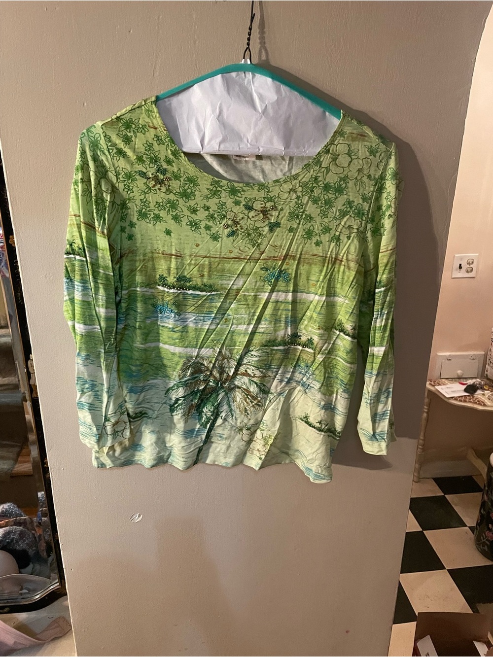 Vintage 90s Nancy Bolen City Girl Green floral Print Long Sleeve embroidered Top